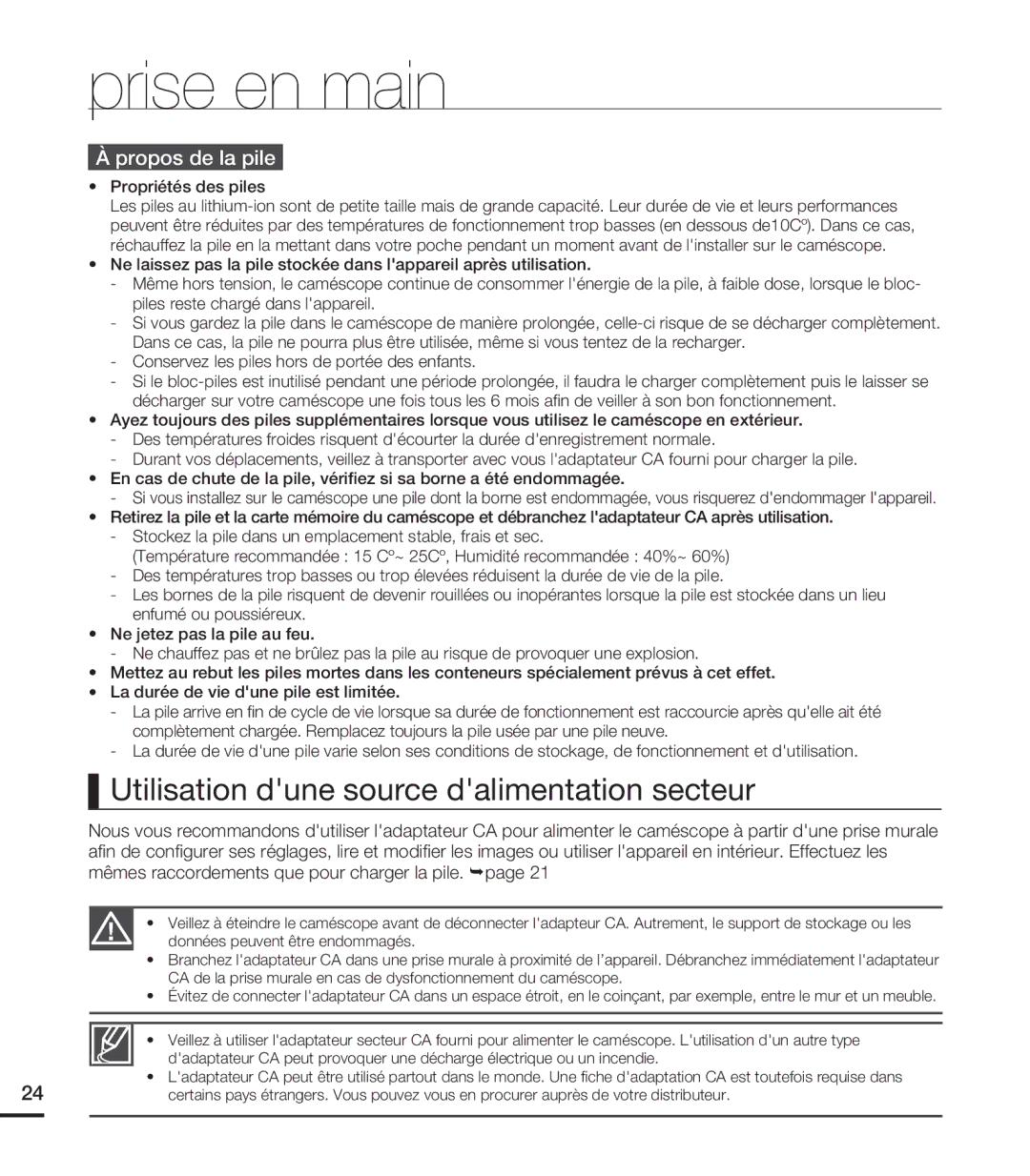 Samsung HMX-S15BN/XAA manual Utilisation dune source dalimentation secteur, Propos de la pile, Propriétés des piles 