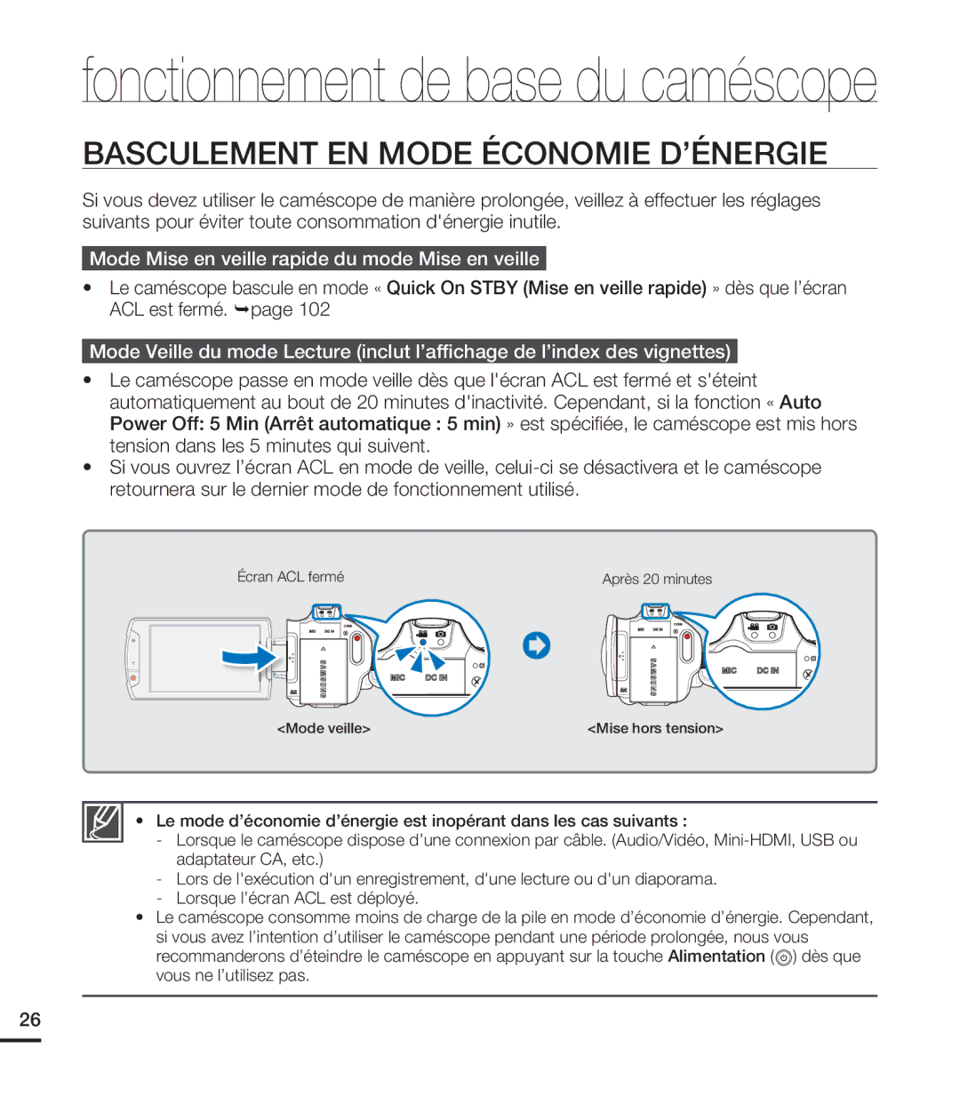 Samsung HMX-S15BN/XAA manual Basculement EN Mode Économie D’ÉNERGIE, Mode Mise en veille rapide du mode Mise en veille 