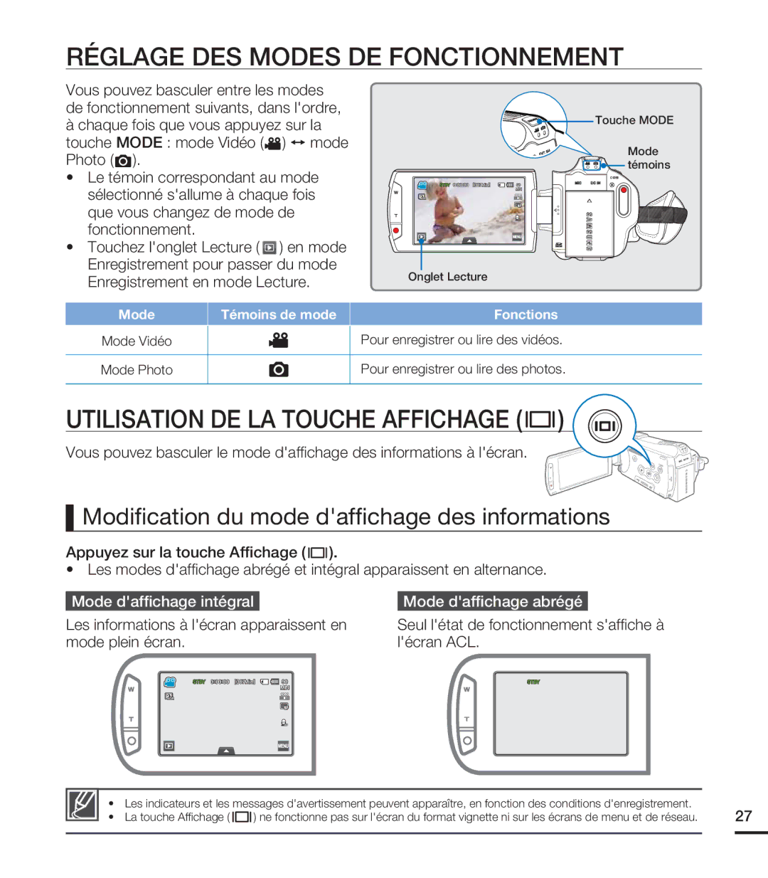 Samsung HMX-S10BN/XAA, HMX-S15BN/XAA Réglage DES Modes DE Fonctionnement, Modiﬁcation du mode dafﬁchage des informations 