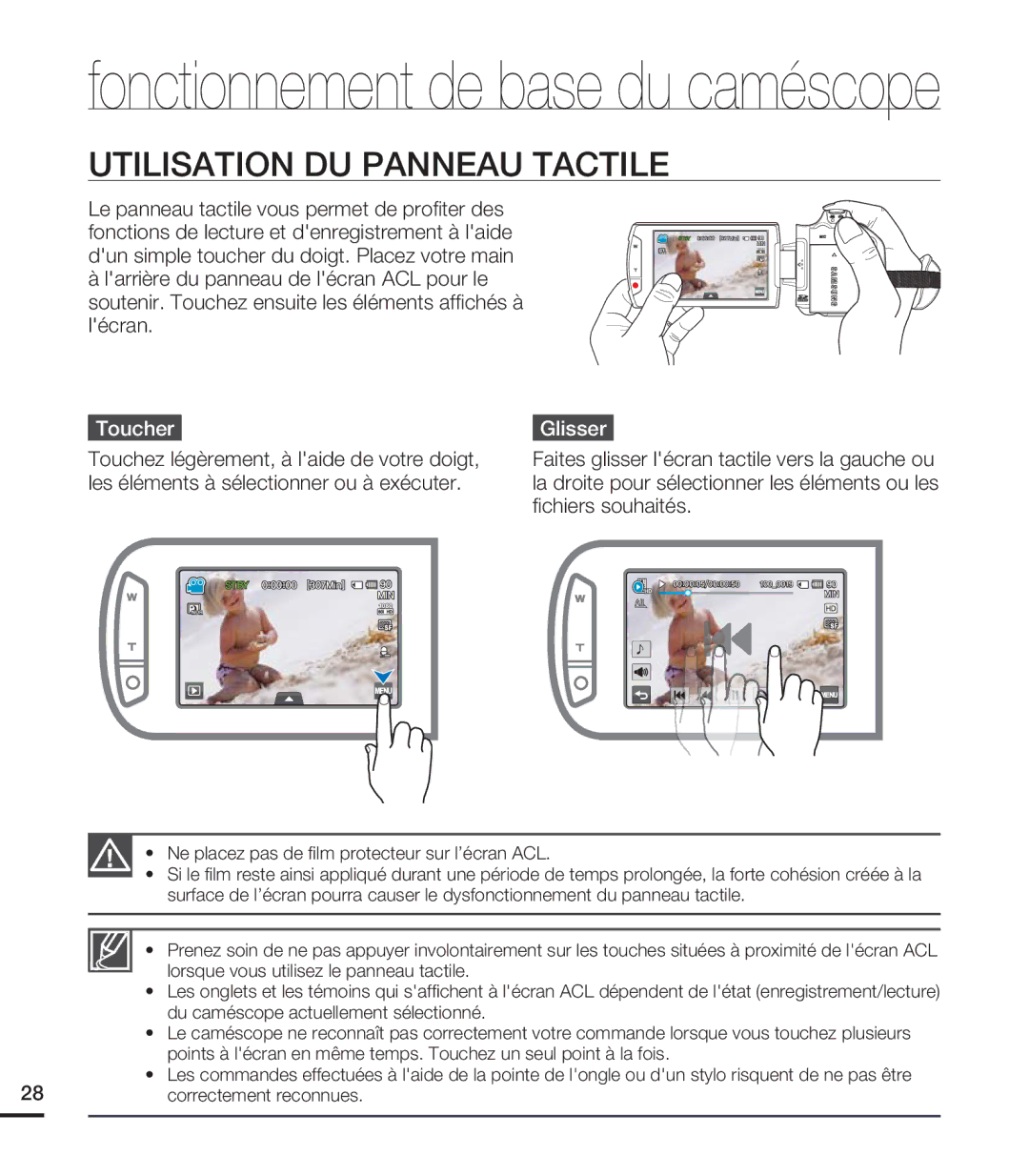 Samsung HMX-S15BN/XAA, HMX-S10BN/XAA manual Utilisation DU Panneau Tactile, Toucher, Glisser 