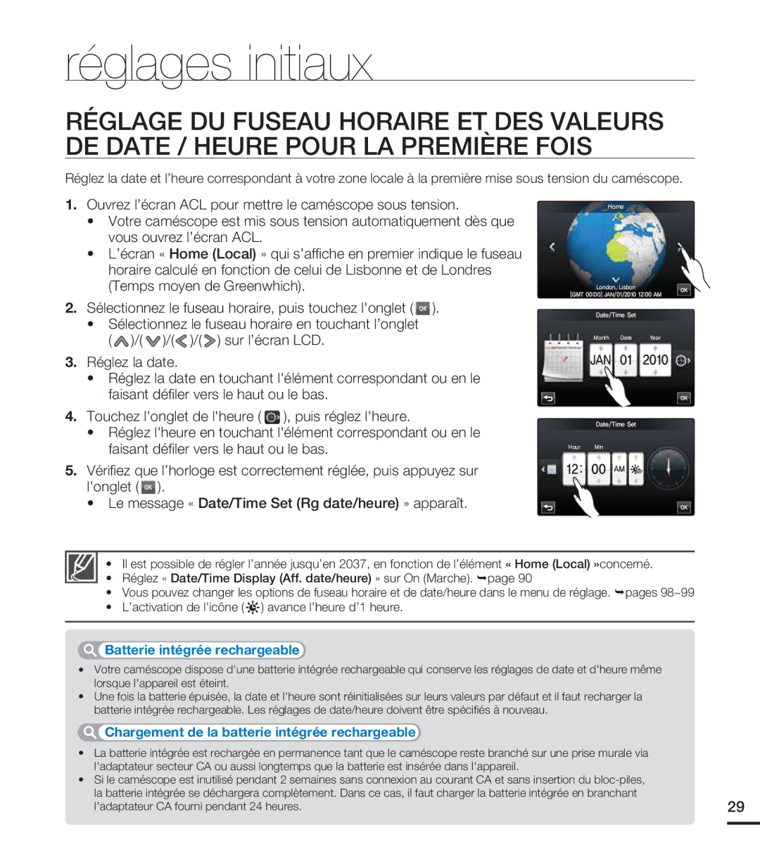 Samsung HMX-S10BN/XAA, HMX-S15BN/XAA manual Réglages initiaux, +/  , ’activation de licône avance l’heure d’1 heure 