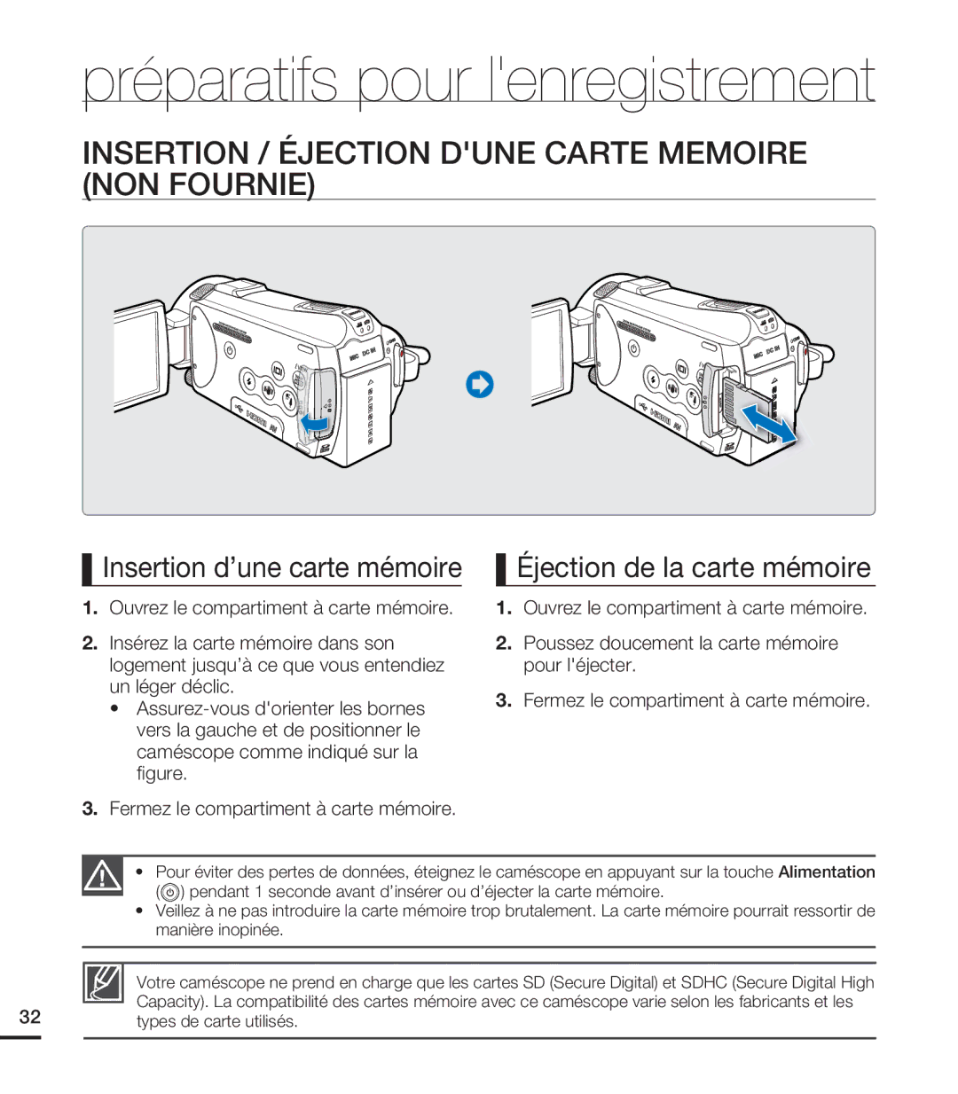 Samsung HMX-S15BN/XAA, HMX-S10BN/XAA Insertion / Éjection Dune Carte Memoire NON Fournie, Insertion d’une carte mémoire 