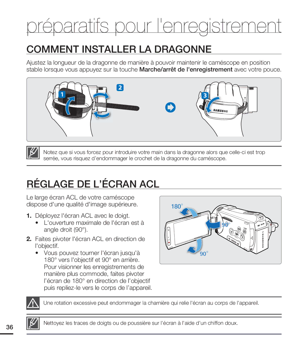 Samsung HMX-S15BN/XAA, HMX-S10BN/XAA manual Comment Installer LA Dragonne, Réglage DE L’ÉCRAN ACL 