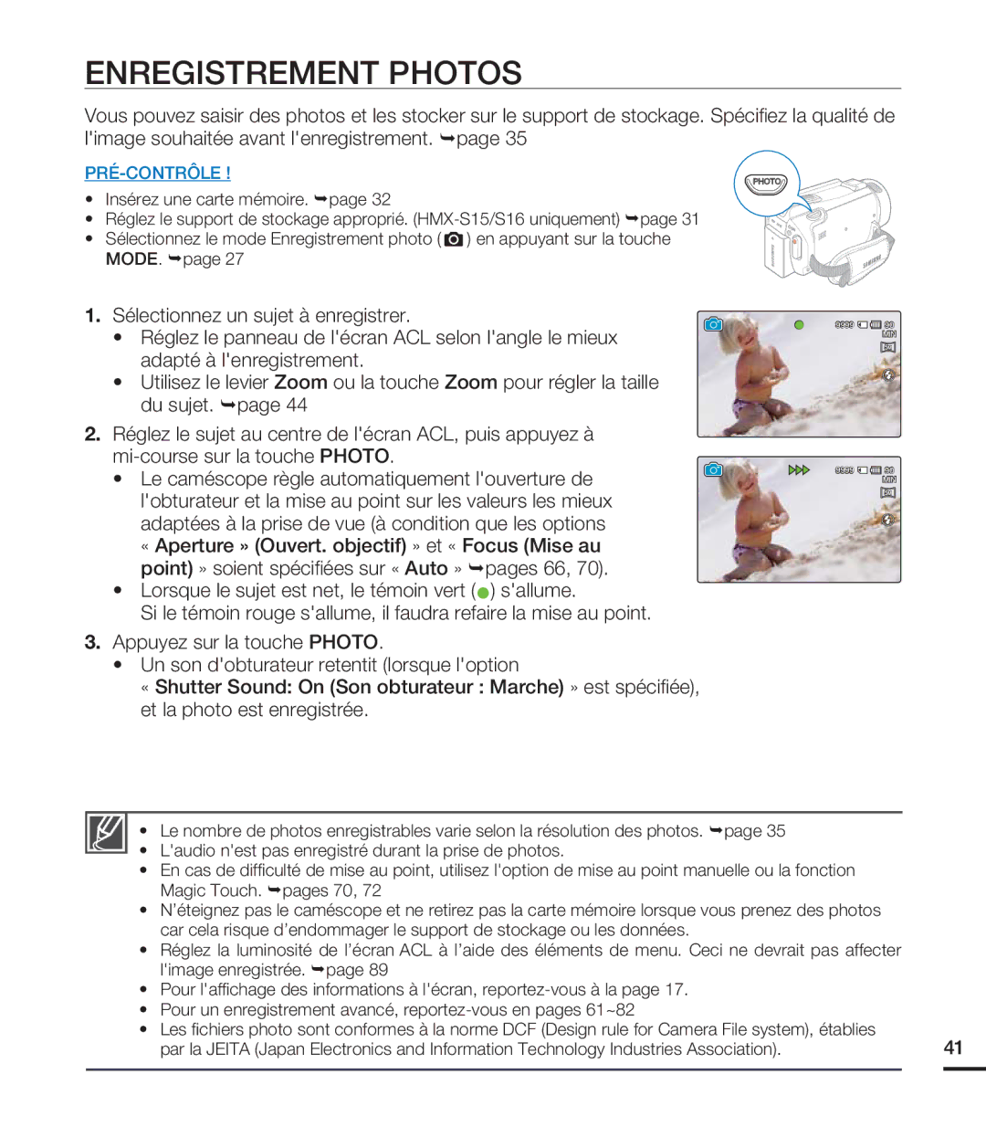 Samsung HMX-S10BN/XAA, HMX-S15BN/XAA manual Enregistrement Photos 