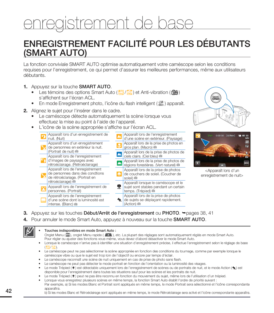 Samsung HMX-S15BN/XAA, HMX-S10BN/XAA manual Enregistrement Facilité Pour LES Débutants Smart Auto, Apparaîtra 