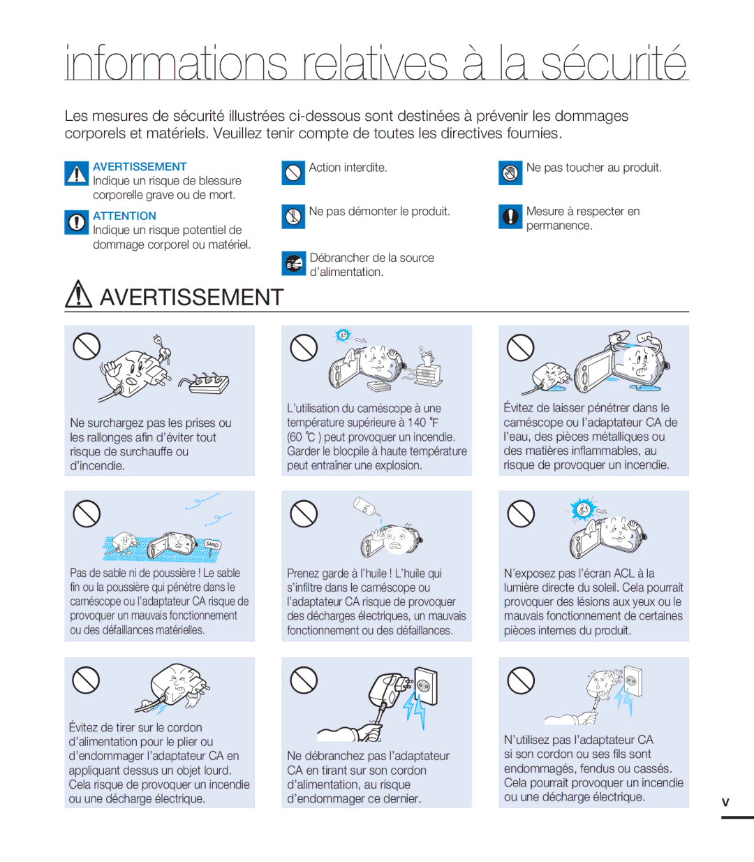 Samsung HMX-S10BN/XAA, HMX-S15BN/XAA manual Informations relatives à la sécurité, Action interdite 