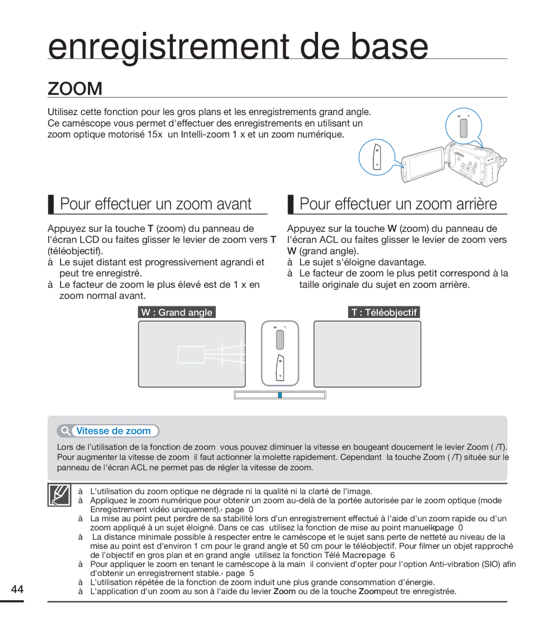 Samsung HMX-S15BN/XAA, HMX-S10BN/XAA manual Zoom, Pour effectuer un zoom avant Pour effectuer un zoom arrière 