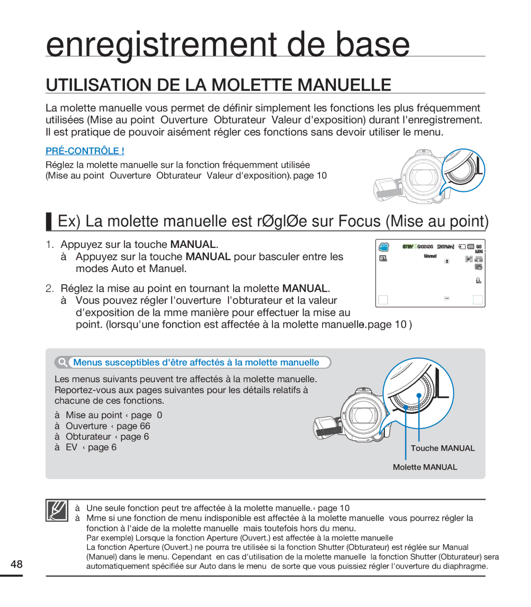 Samsung HMX-S15BN/XAA manual Utilisation DE LA Molette Manuelle, Ex La molette manuelle est réglée sur Focus Mise au point 