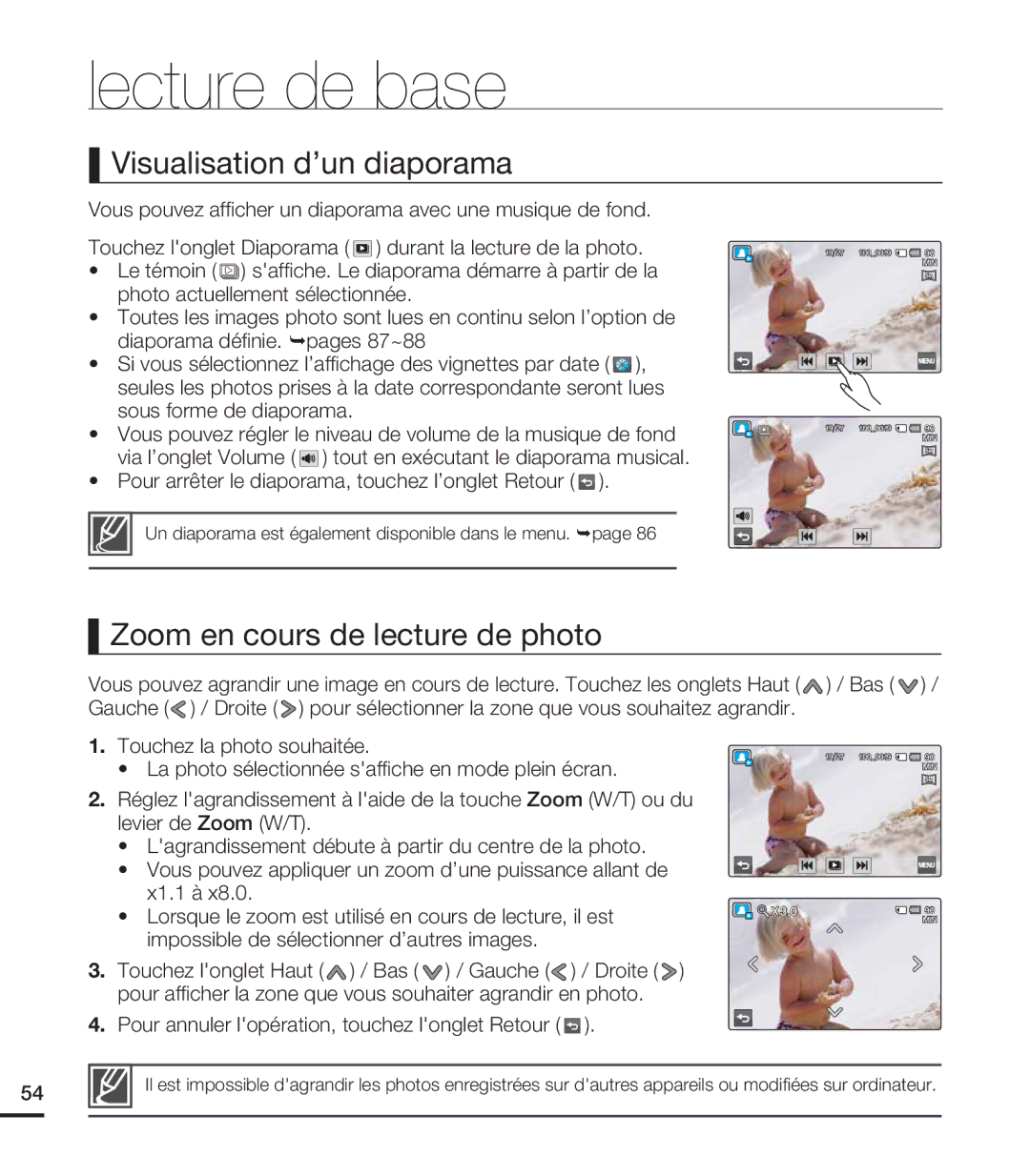 Samsung HMX-S15BN/XAA, HMX-S10BN/XAA manual Visualisation d’un diaporama, Zoom en cours de lecture de photo 