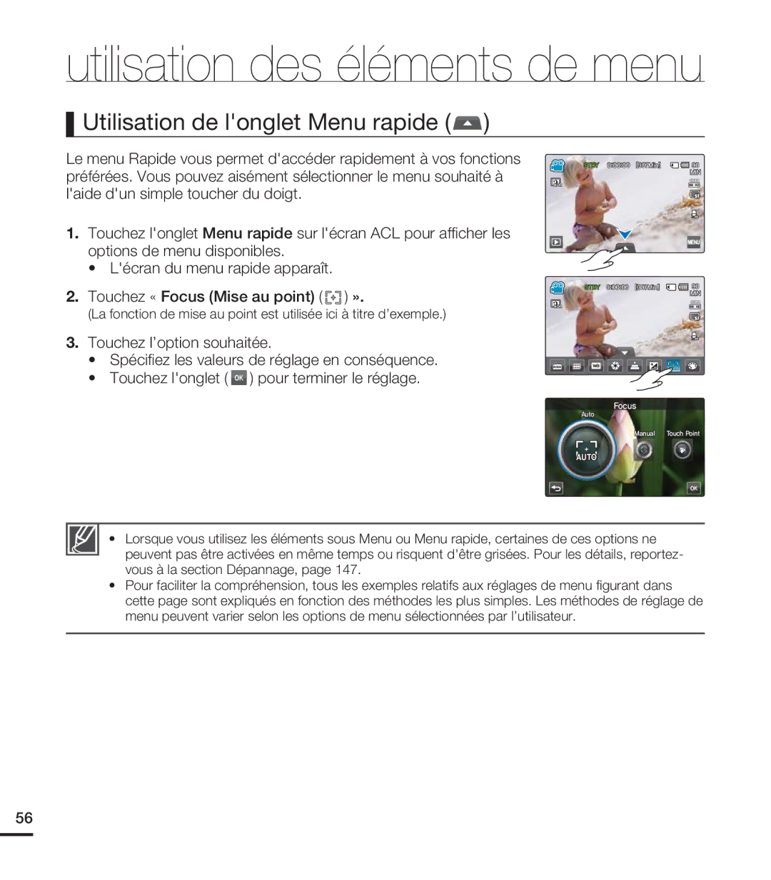 Samsung HMX-S15BN/XAA, HMX-S10BN/XAA manual Utilisation de longlet Menu rapide 