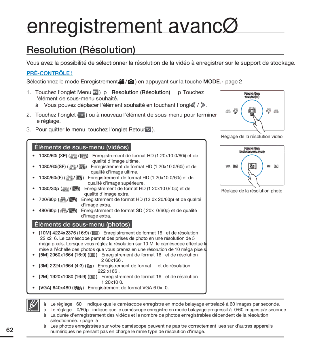 Samsung HMX-S15BN/XAA, HMX-S10BN/XAA Resolution Résolution, Éléments de sous-menu vidéos, Éléments de sous-menu photos 