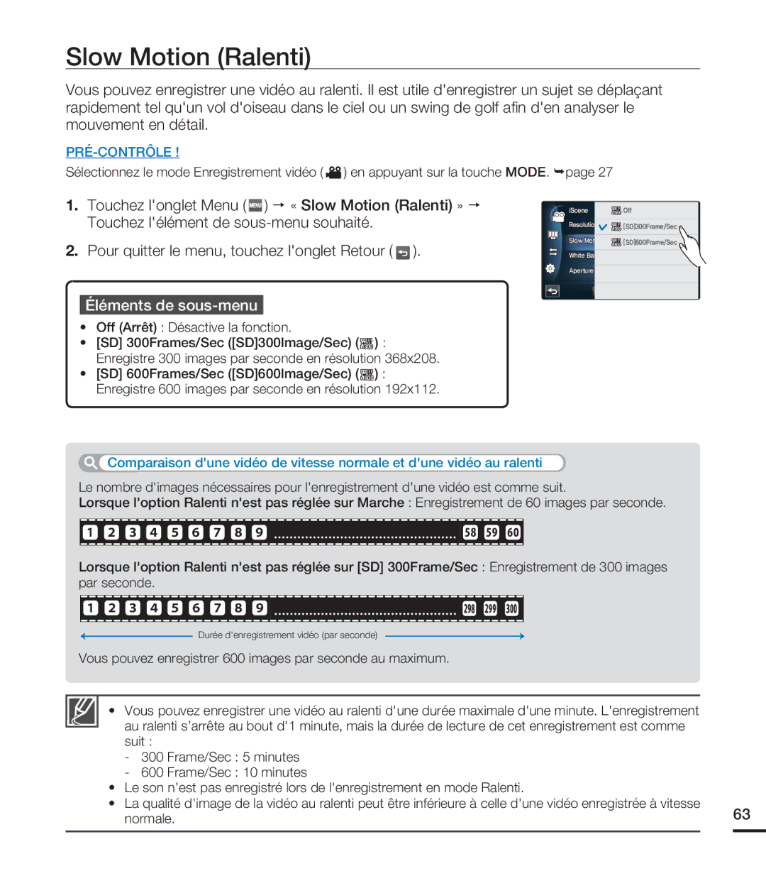 Samsung HMX-S10BN/XAA, HMX-S15BN/XAA manual Slow Motion Ralenti, 3 4 5 6 7 8 9 8 9, Off Arrêt Désactive la fonction 