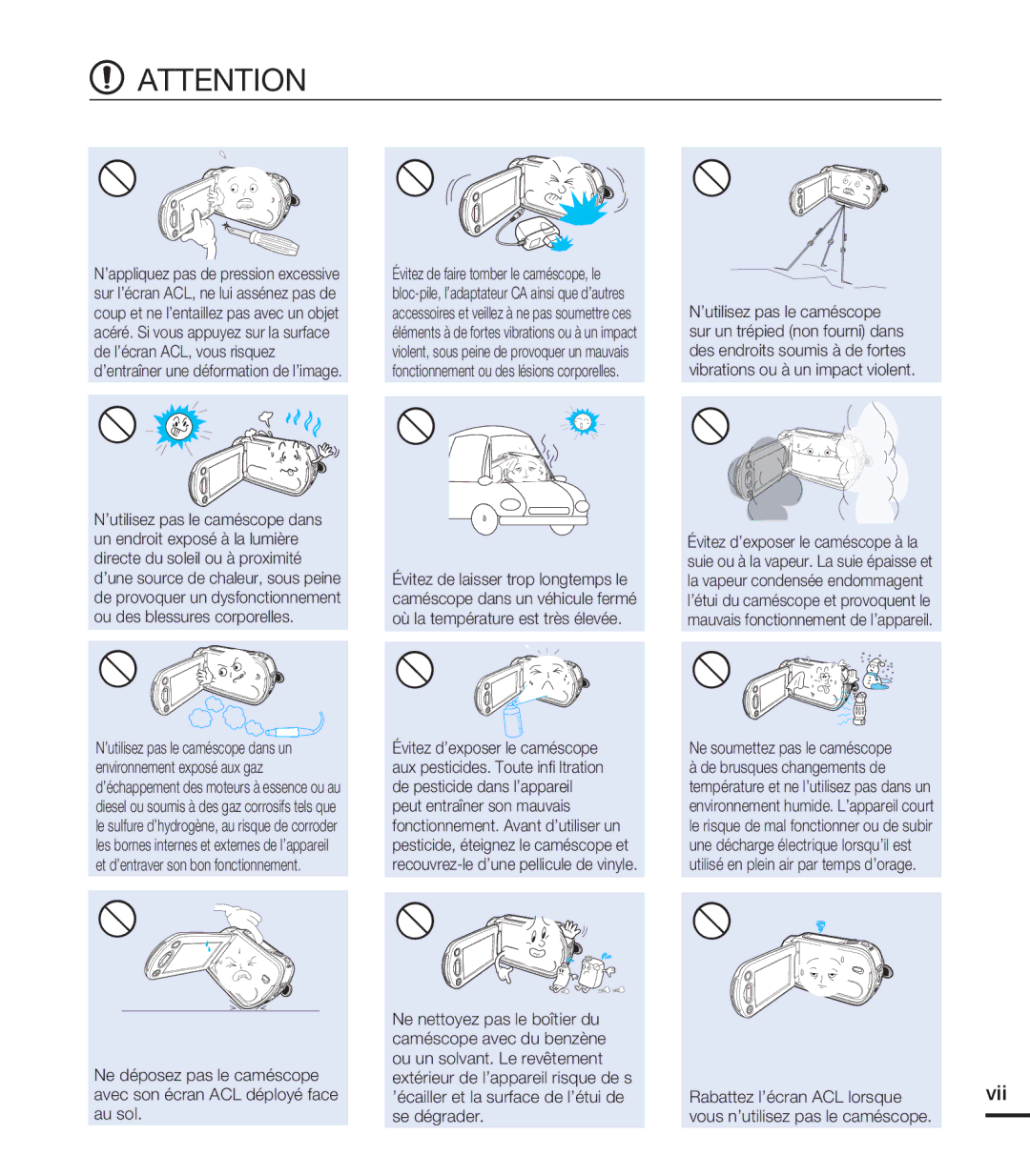 Samsung HMX-S10BN/XAA, HMX-S15BN/XAA manual Vii, Ne soumettez pas le caméscope, ’écailler et la surface de l’étui de 