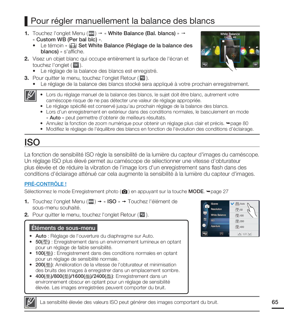 Samsung HMX-S10BN/XAA, HMX-S15BN/XAA manual Iso, Pour régler manuellement la balance des blancs 