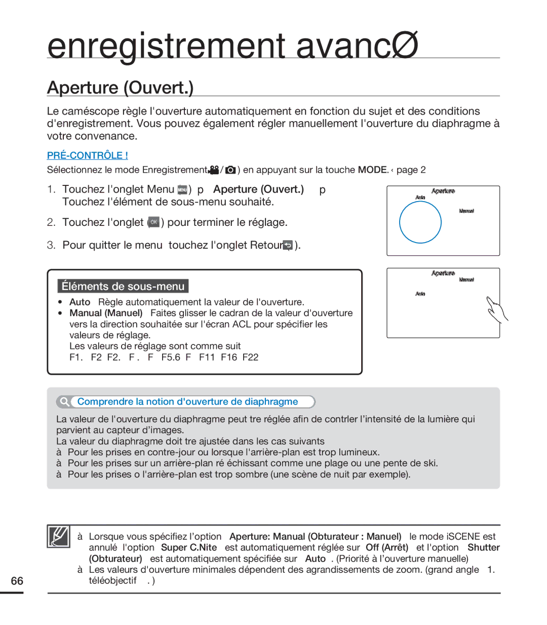 Samsung HMX-S15BN/XAA, HMX-S10BN/XAA manual Aperture Ouvert 