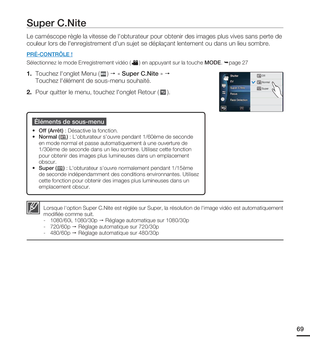 Samsung HMX-S10BN/XAA, HMX-S15BN/XAA manual Touchez longlet Menu p « Super C.Nite » p 