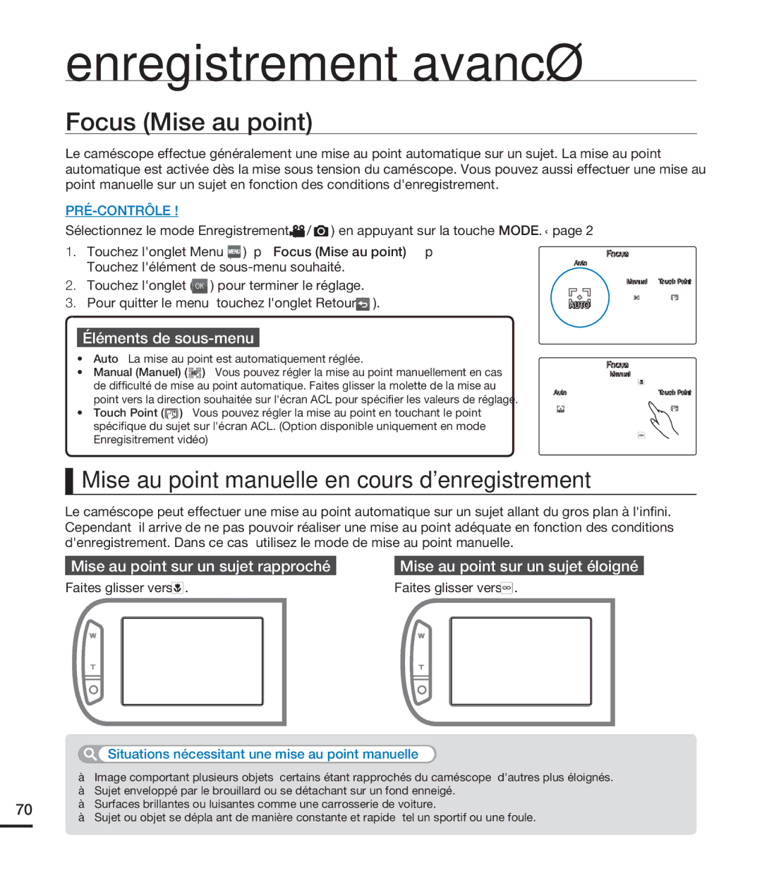 Samsung HMX-S15BN/XAA manual Focus Mise au point, Mise au point manuelle en cours denregistrement, Faites glisser vers 