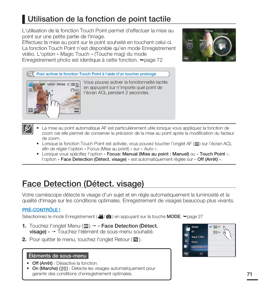 Samsung HMX-S10BN/XAA, HMX-S15BN/XAA manual Face Detection Détect. visage, Utilisation de la fonction de point tactile 