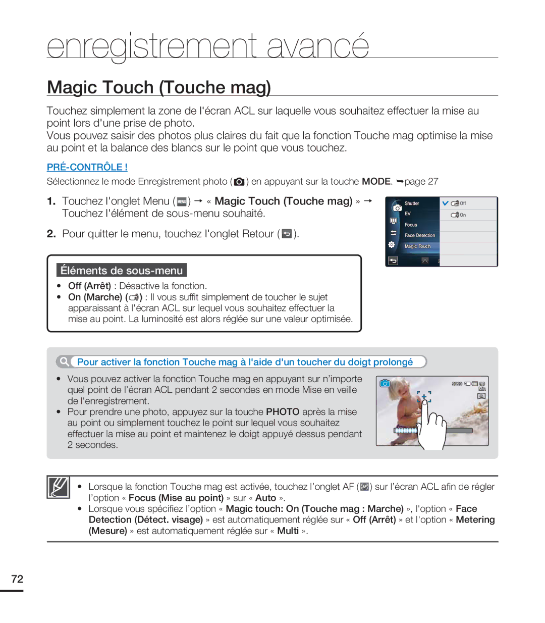 Samsung HMX-S15BN/XAA, HMX-S10BN/XAA manual Magic Touch Touche mag, Off Arrêt Désactive la fonction 