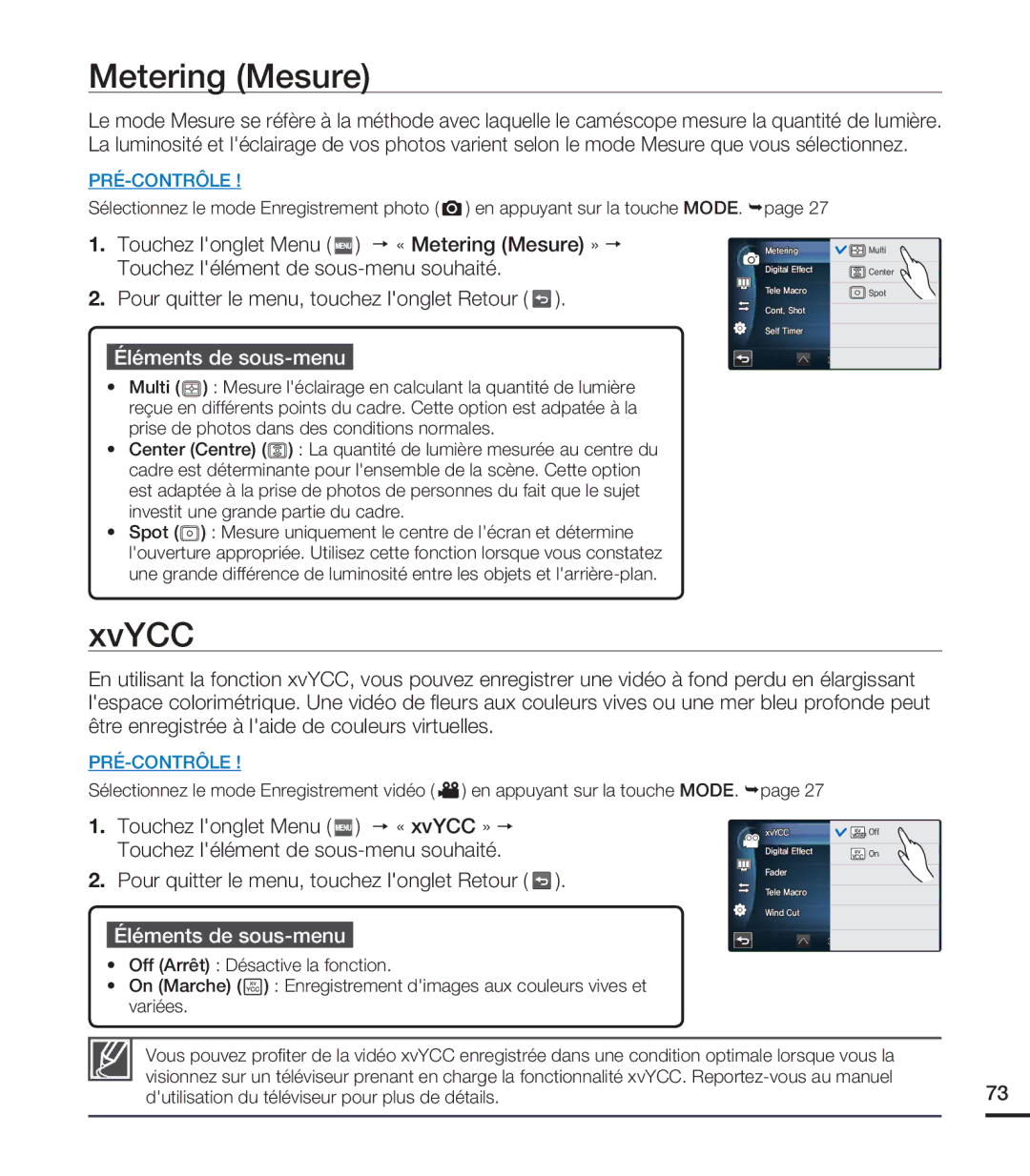 Samsung HMX-S10BN/XAA, HMX-S15BN/XAA manual Metering Mesure, XvYCC, « xvYCC » p 