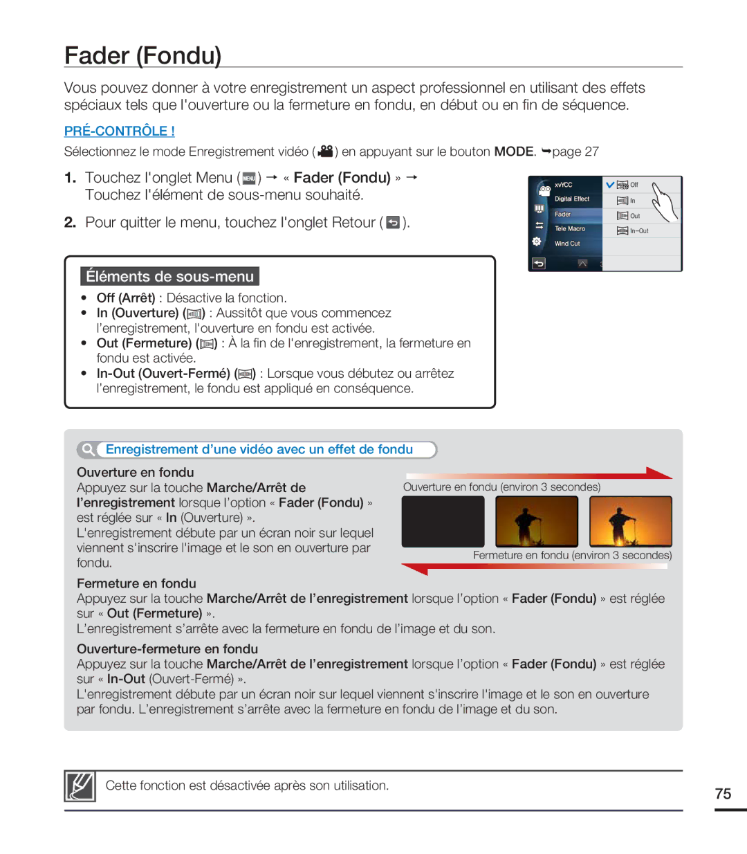 Samsung HMX-S10BN/XAA, HMX-S15BN/XAA manual Fader Fondu, Off Arrêt Désactive la fonction 