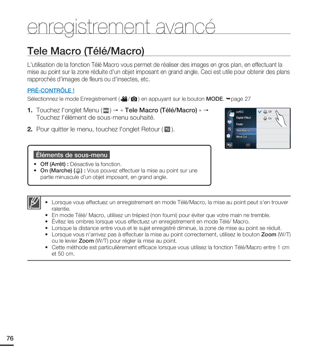 Samsung HMX-S15BN/XAA, HMX-S10BN/XAA manual Tele Macro Télé/Macro, Pour quitter le menu, touchez longlet Retour 