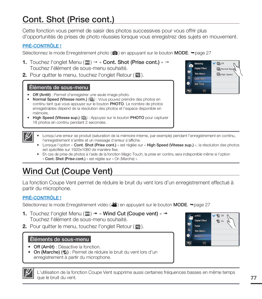 Samsung HMX-S10BN/XAA manual Cont. Shot Prise, Wind Cut Coupe Vent, On Marche Permet de réduire le bruit du vent lors d’un 