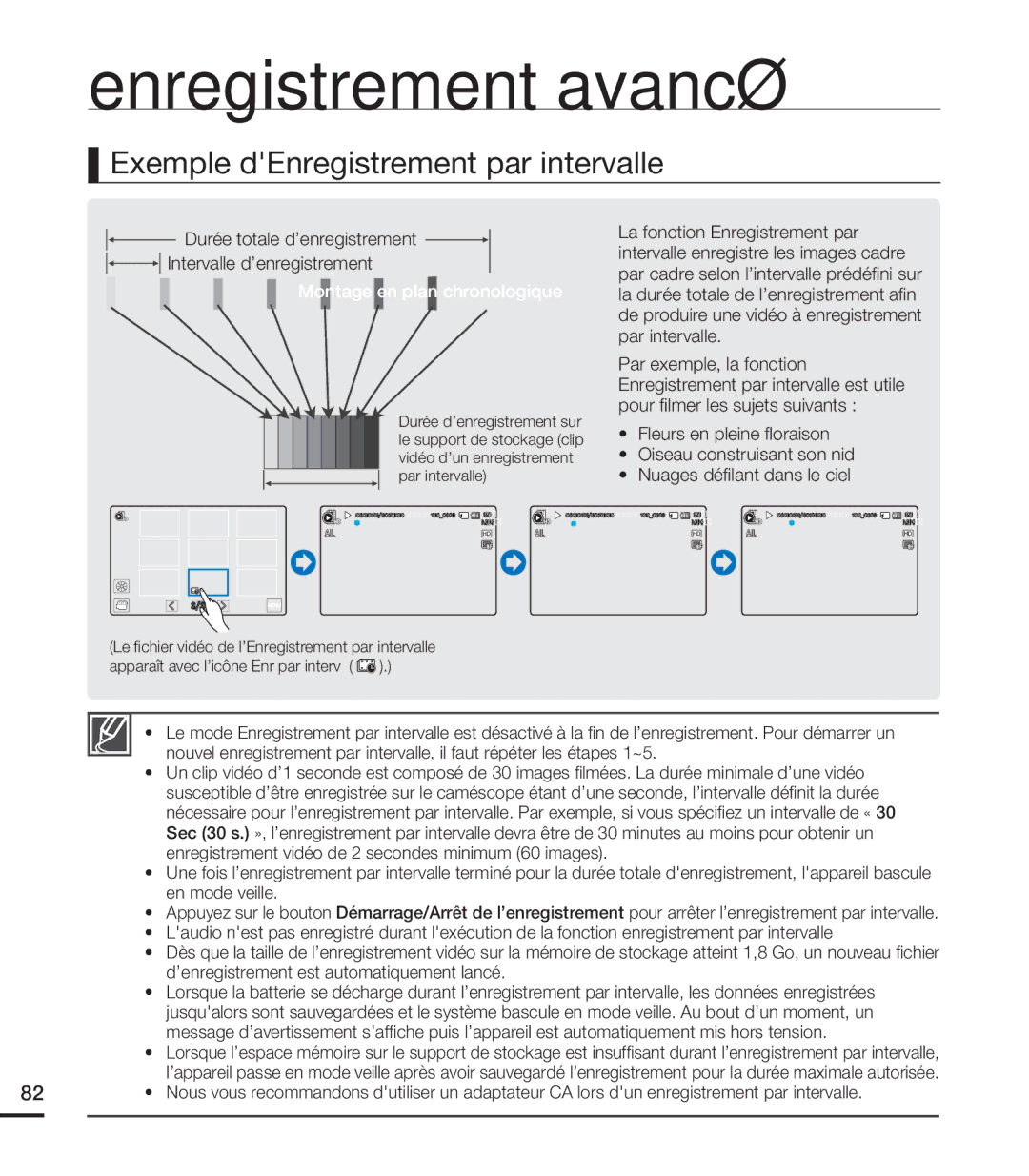 Samsung HMX-S15BN/XAA Exemple dEnregistrement par intervalle, Durée totale d’enregistrement Intervalle d’enregistrement 