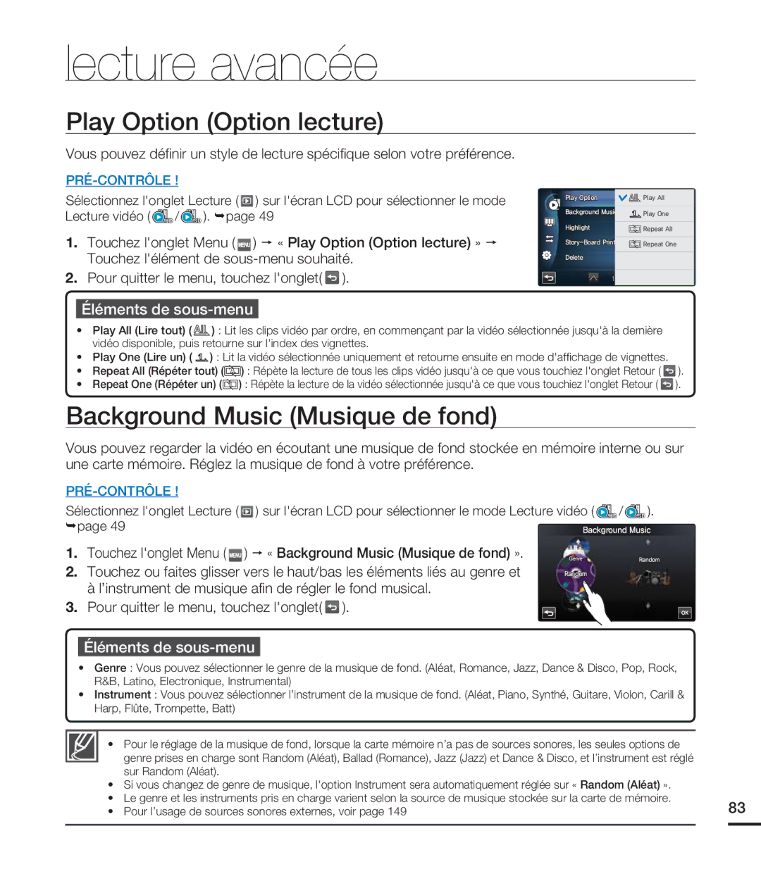 Samsung HMX-S10BN/XAA, HMX-S15BN/XAA manual Lecture avancée, Play Option Option lecture, Background Music Musique de fond 