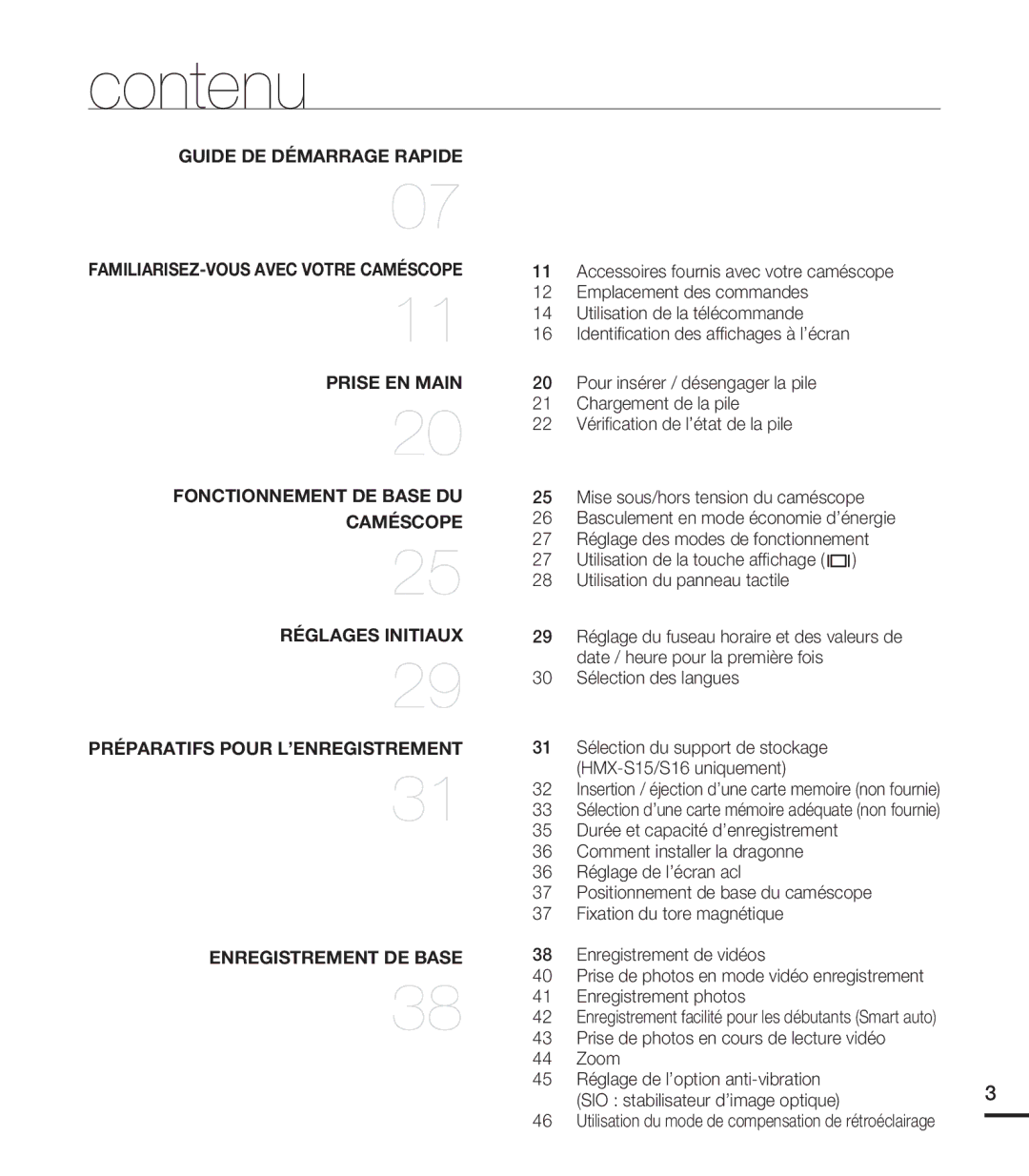 Samsung HMX-S10BN/XAA manual Contenu, 30 Sélection des langues, Sélection du support de stockage HMX-S15/S16 uniquement 