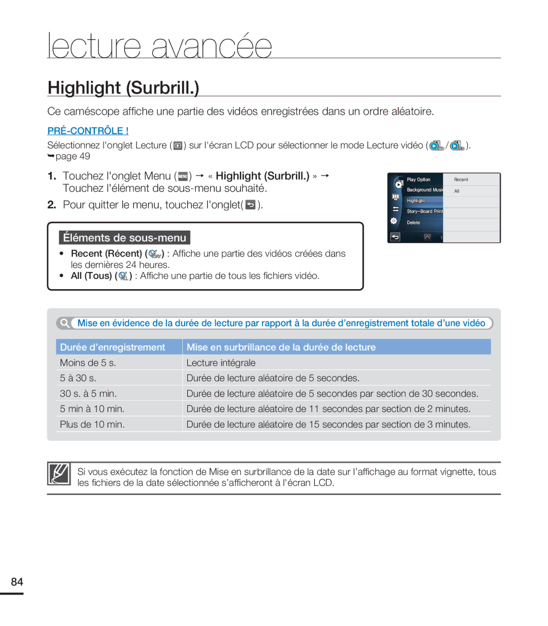 Samsung HMX-S15BN/XAA, HMX-S10BN/XAA manual Highlight Surbrill, Min à 10 min, Plus de 10 min 