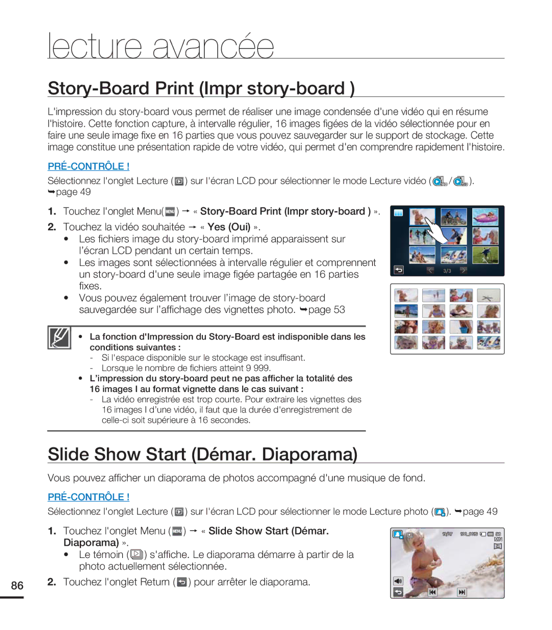 Samsung HMX-S15BN/XAA, HMX-S10BN/XAA manual Story-Board Print Impr story-board, Slide Show Start Démar. Diaporama 