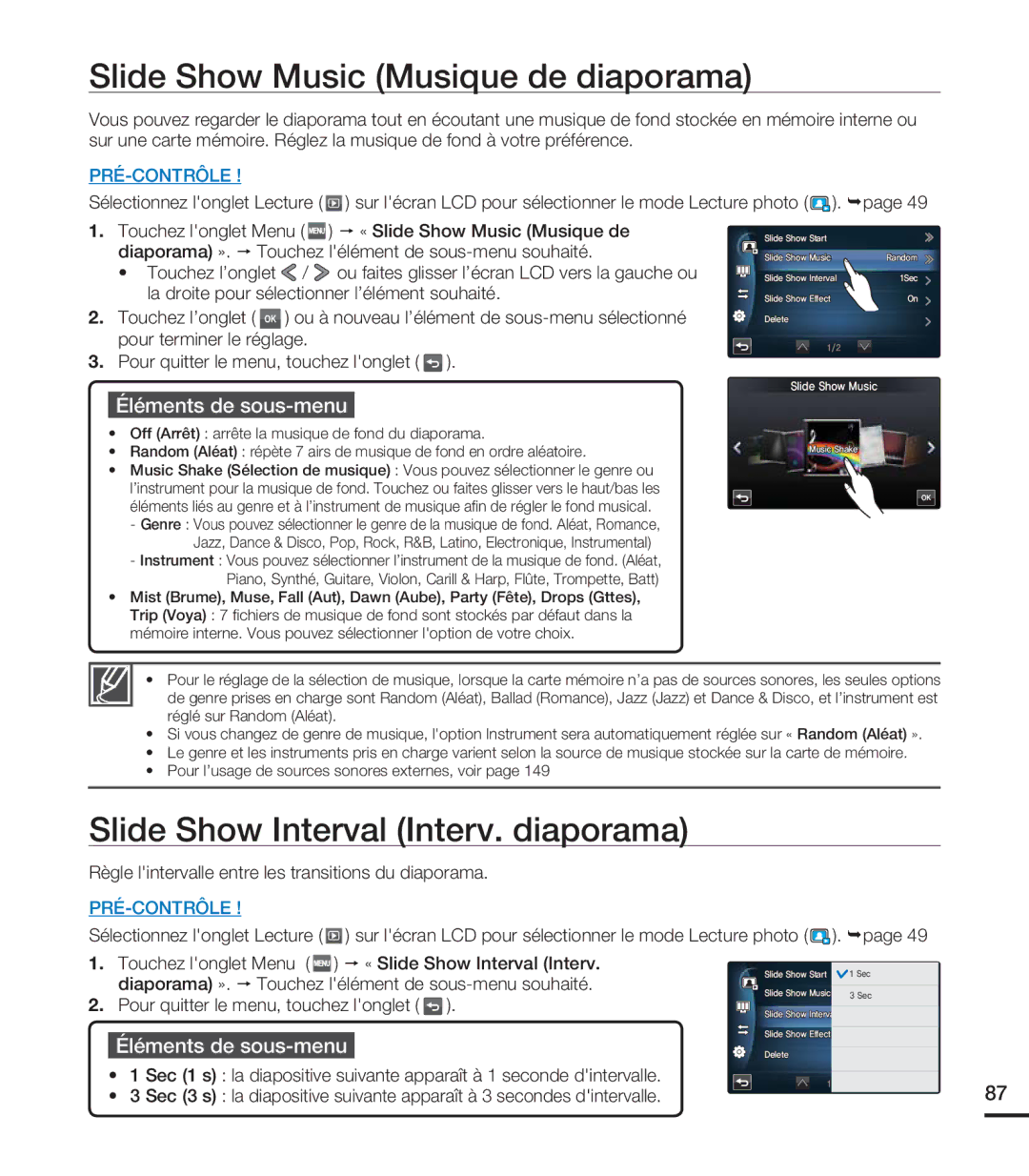 Samsung HMX-S10BN/XAA, HMX-S15BN/XAA manual Slide Show Music Musique de diaporama, Slide Show Interval Interv. diaporama 