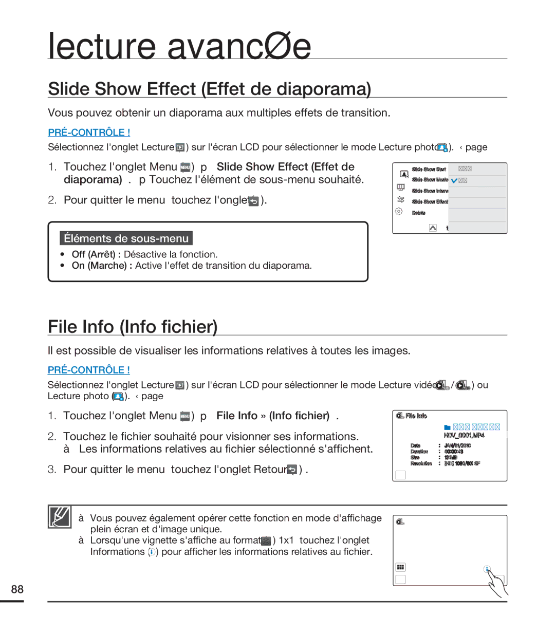 Samsung HMX-S15BN/XAA, HMX-S10BN/XAA manual Slide Show Effect Effet de diaporama, File Info Info ﬁchier 