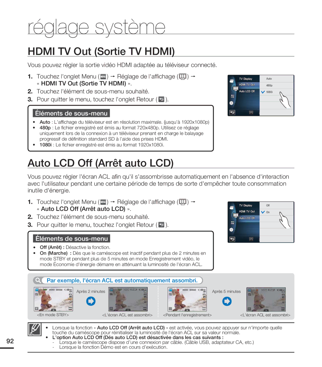 Samsung HMX-S15BN/XAA, HMX-S10BN/XAA manual Hdmi TV Out Sortie TV Hdmi, Auto LCD Off Arrêt auto LCD 