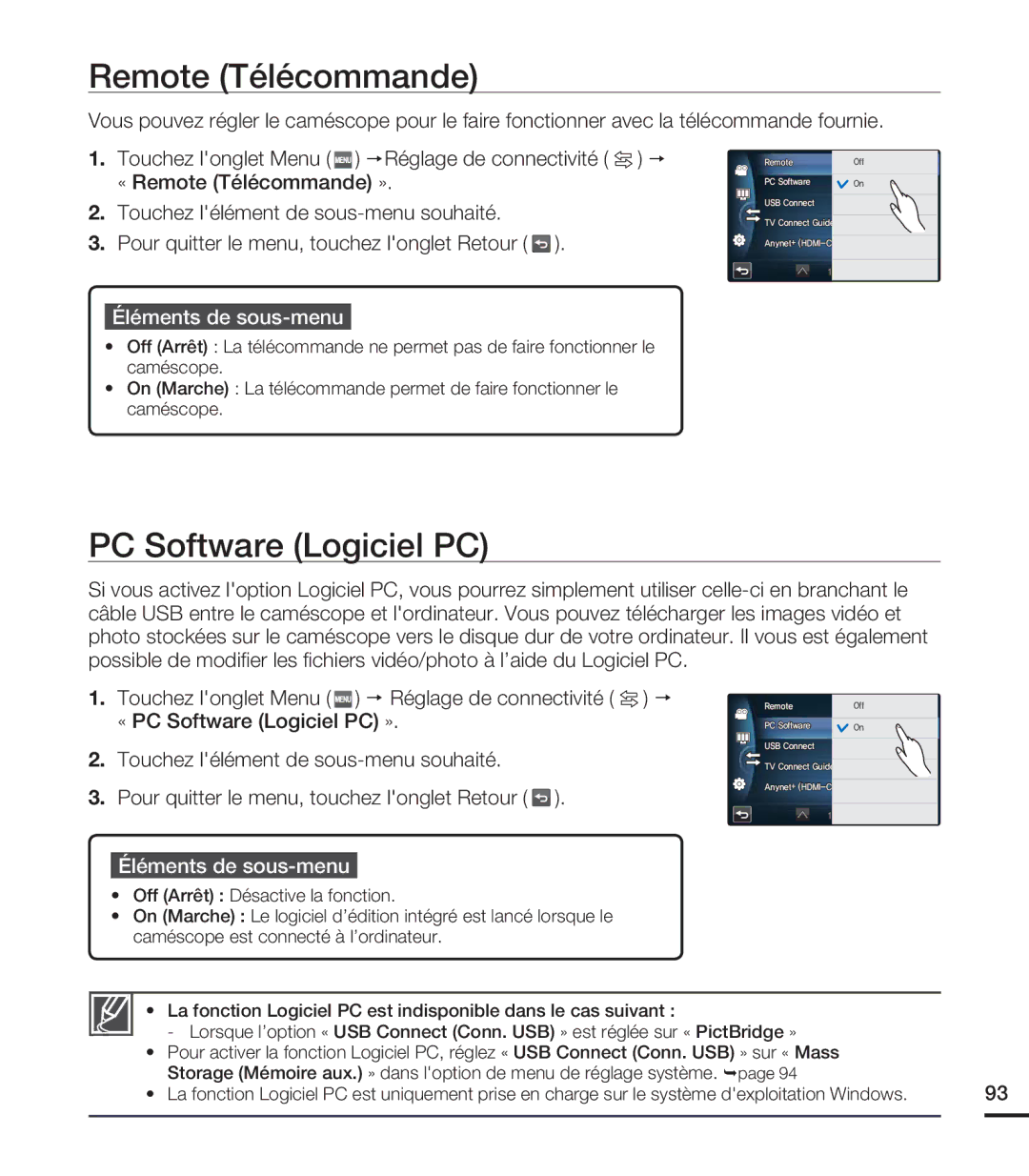 Samsung HMX-S10BN/XAA, HMX-S15BN/XAA manual Remote Télécommande, PC Software Logiciel PC 