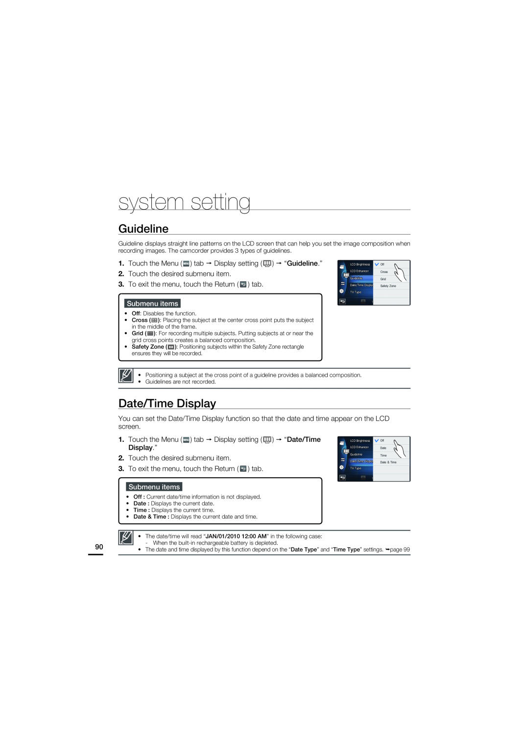 Samsung HMX-S15BN/XAA, HMX-S10BN/XAA manual Guideline, Date/Time Display, system setting, Submenu items 