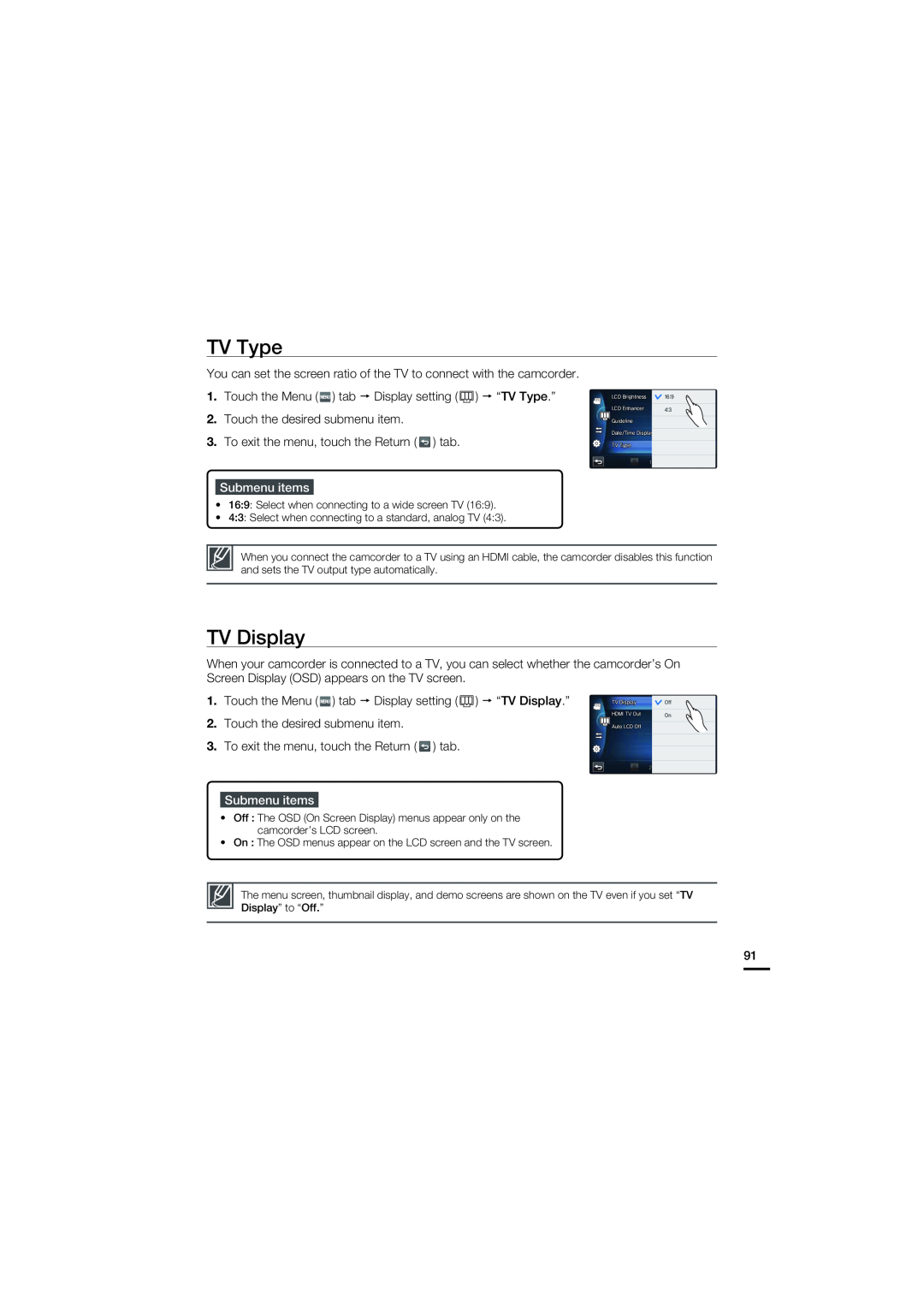 Samsung HMX-S10BN/XAA, HMX-S15BN/XAA manual TV Type, Submenu items, Touch the Menu tab Display setting “TV Display.” 