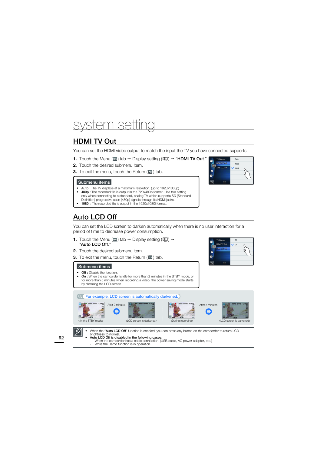 Samsung HMX-S15BN/XAA, HMX-S10BN/XAA manual HDMI TV Out, Auto LCD Off, system setting, Submenu items 