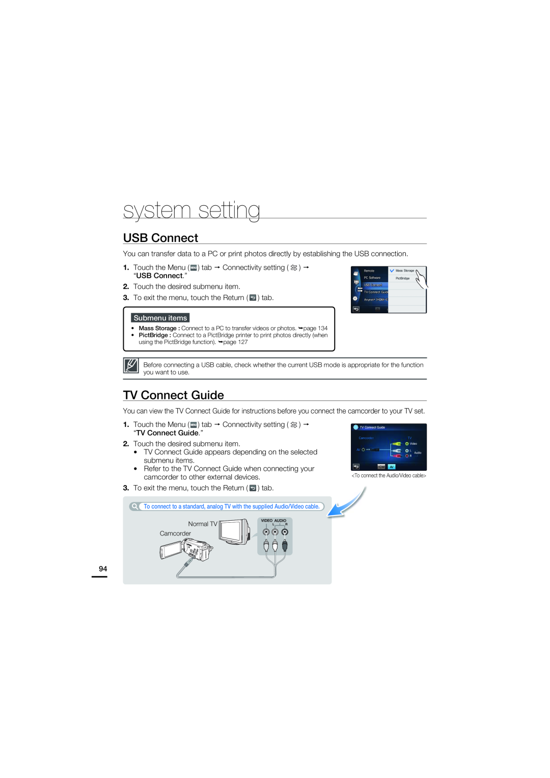 Samsung HMX-S15BN/XAA, HMX-S10BN/XAA USB Connect, TV Connect Guide, system setting, Submenu items, Normal TV Camcorder 