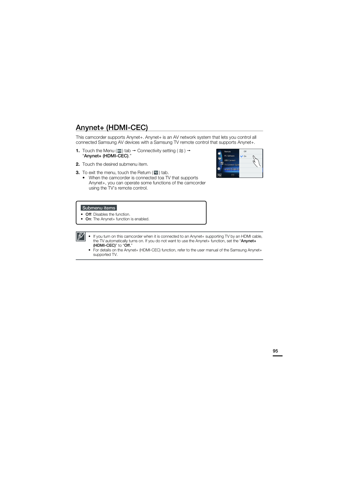 Samsung HMX-S10BN/XAA, HMX-S15BN/XAA manual Anynet+ HDMI-CEC, Submenu items 