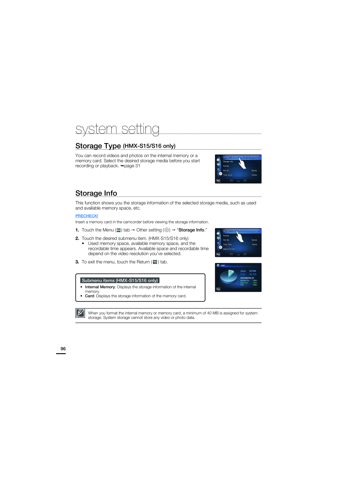 Samsung HMX-S15BN/XAA manual Storage Info, Storage Type HMX-S15/S16 only, Submenu items HMX-S15/S16 only, system setting 