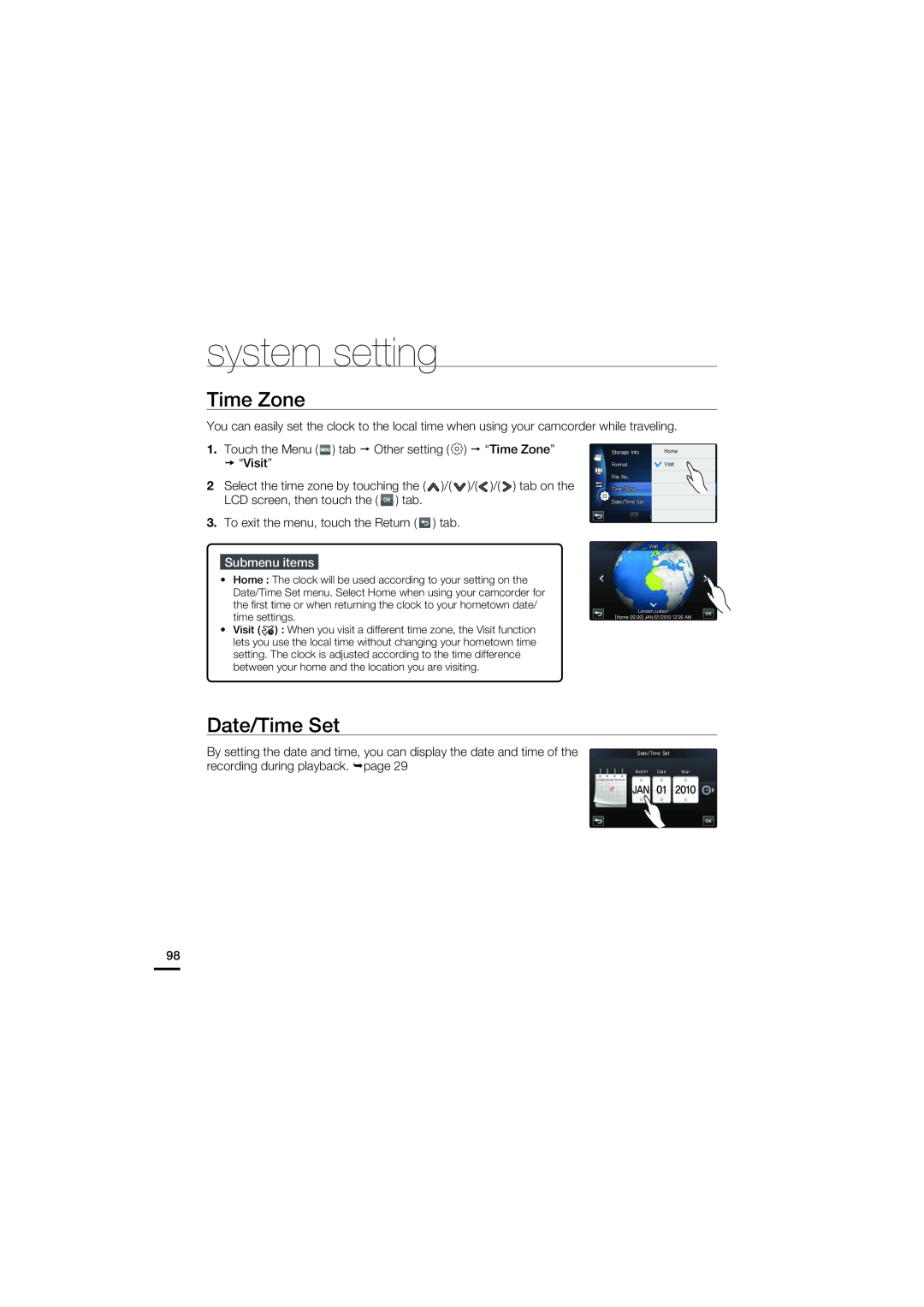 Samsung HMX-S15BN/XAA, HMX-S10BN/XAA manual Time Zone, Date/Time Set, system setting, Submenu items 