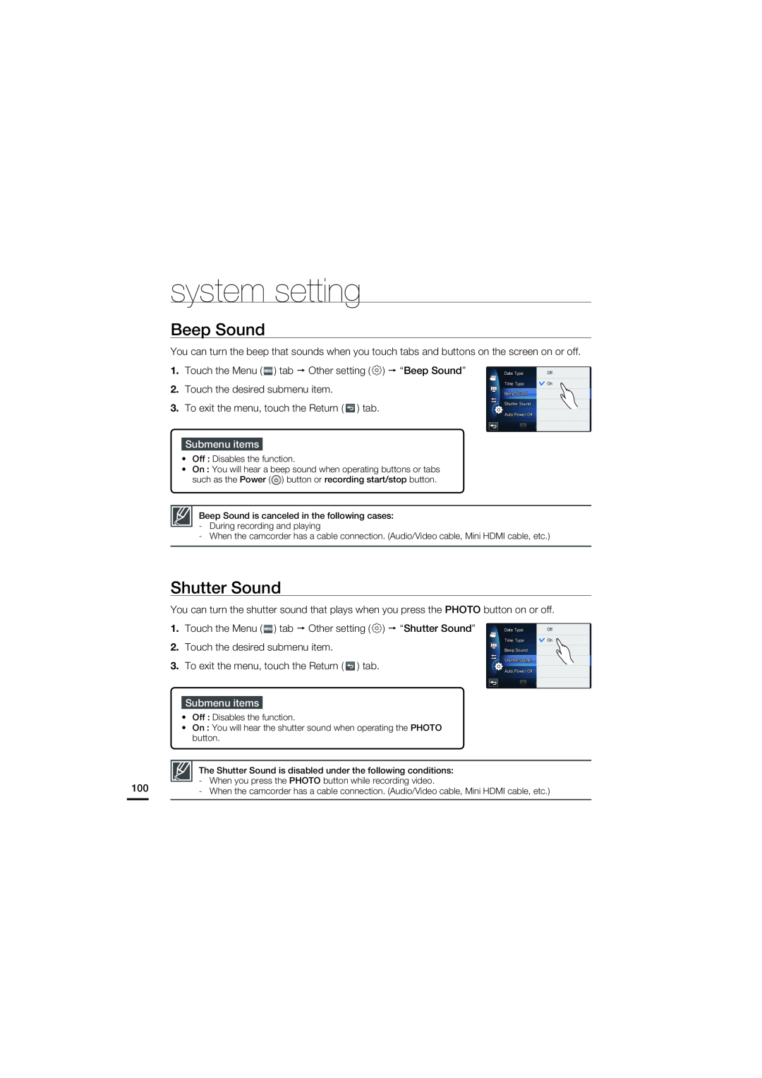 Samsung HMX-S15BN/XAA, HMX-S10BN/XAA manual Beep Sound, Shutter Sound, system setting, Submenu items 