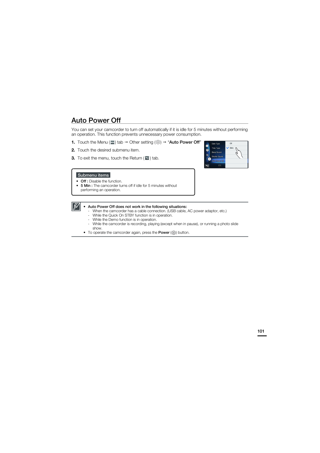 Samsung HMX-S10BN/XAA, HMX-S15BN/XAA manual Submenu items, Touch the Menu tab Other setting “Auto Power Off” 