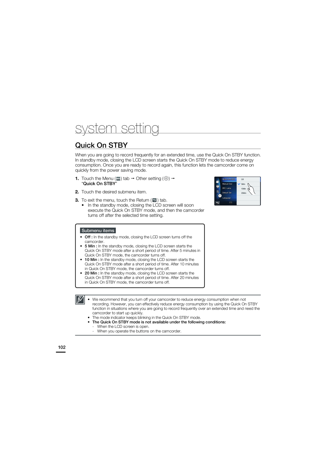 Samsung HMX-S15BN/XAA, HMX-S10BN/XAA manual Quick On STBY, system setting, Submenu items 
