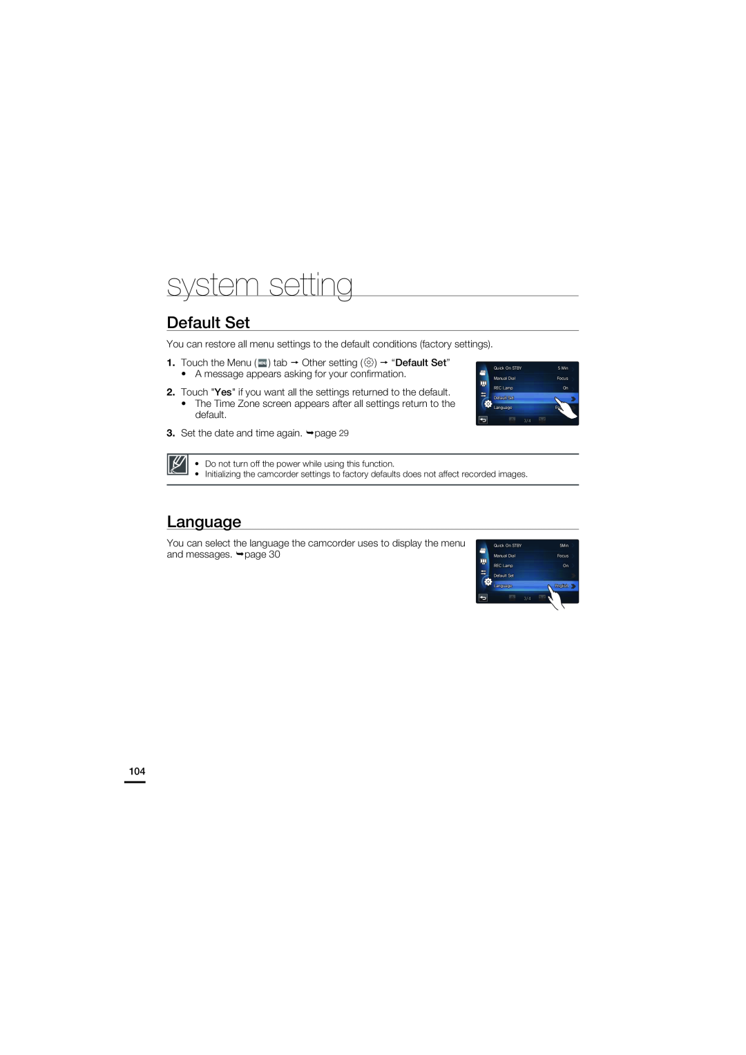Samsung HMX-S15BN/XAA manual Default Set, Language, system setting, Do not turn off the power while using this function 