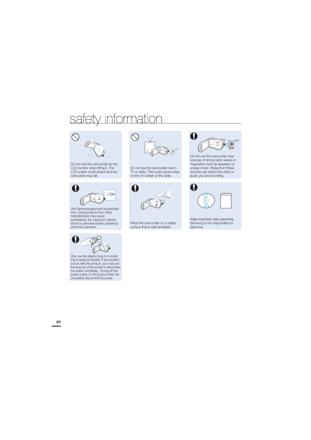 Samsung HMX-S15BN/XAA, HMX-S10BN/XAA safety information, Place the camcorder on a stable surface that is well ventilated 