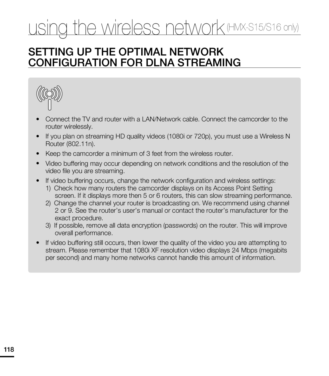 Samsung HMX-S15BN/XAA, HMX-S10BN/XAA manual Setting Up The Optimal Network Configuration For Dlna Streaming 