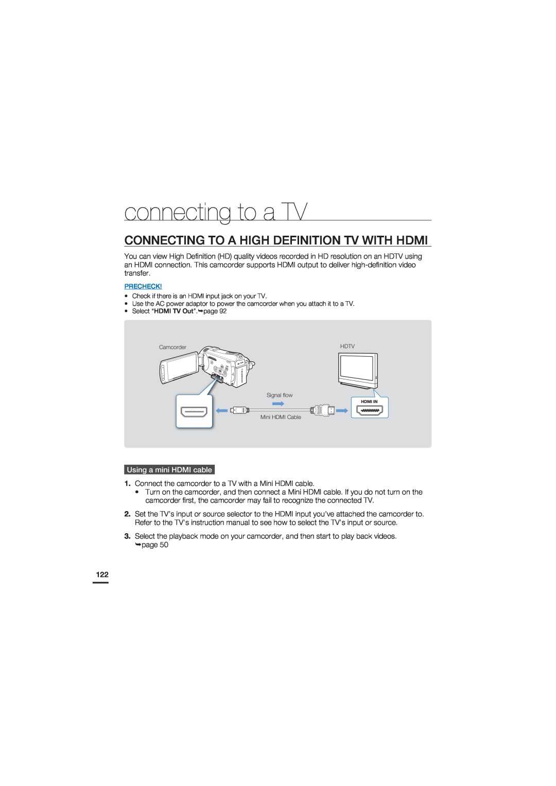 Samsung HMX-S15BN/XAA manual connecting to a TV, Connecting To A High Definition Tv With Hdmi, Using a mini HDMI cable 